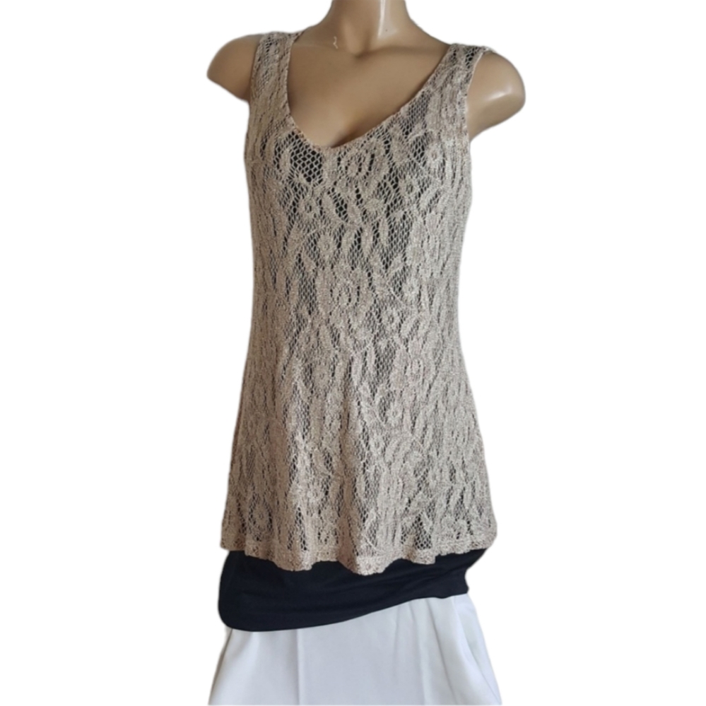 🍬Hour Glass black and tan layered lace dress M
